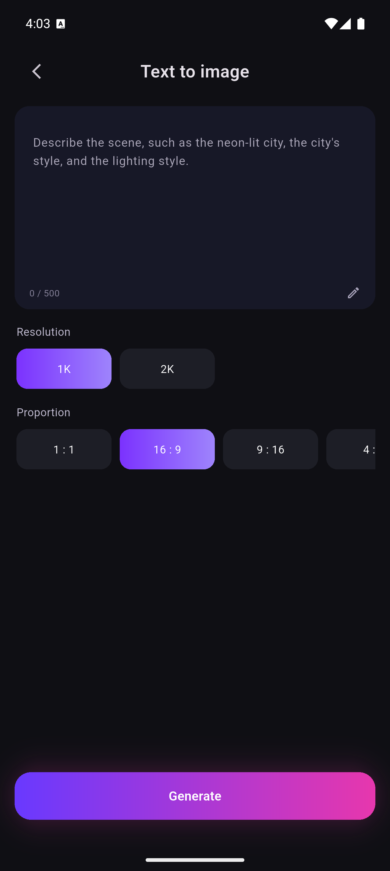 Thalyn AI text to image creation screen